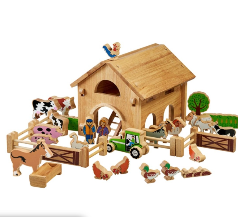 Deluxe Natural Farm With Barn, Tractor & 34 Colourful Pieces
