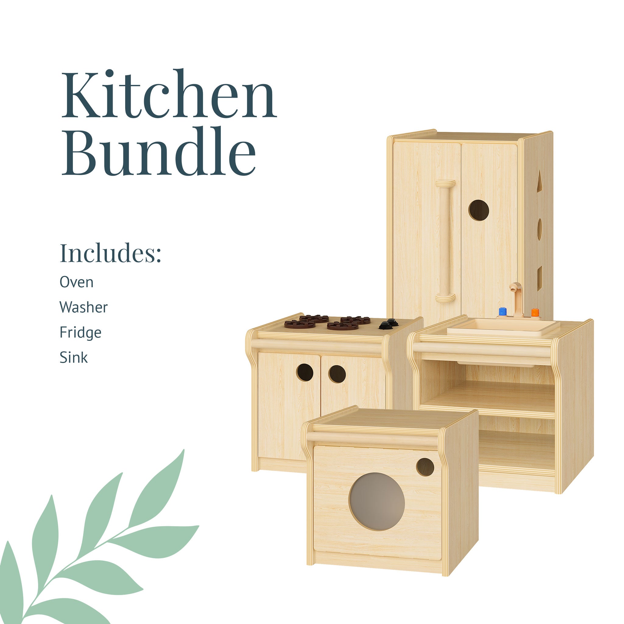 Wooden toy kitchen set shown on a white background with text reading 'Kitchen Bundle' and a list of included pieces: oven, washer, fridge, and sink.