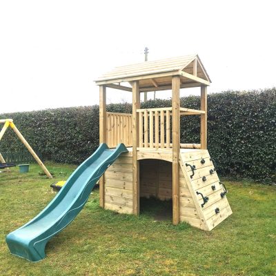wooden climbing frame and slide