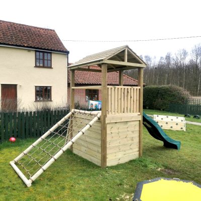 wooden climbing frame with scramble net and slide
