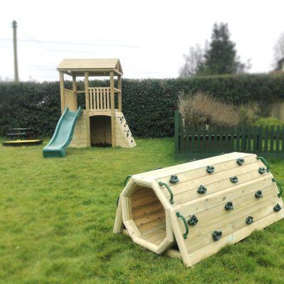 wooden outdoor play tunnel and slide