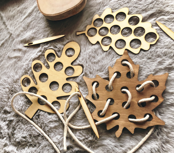 wooden threading leaves for early years