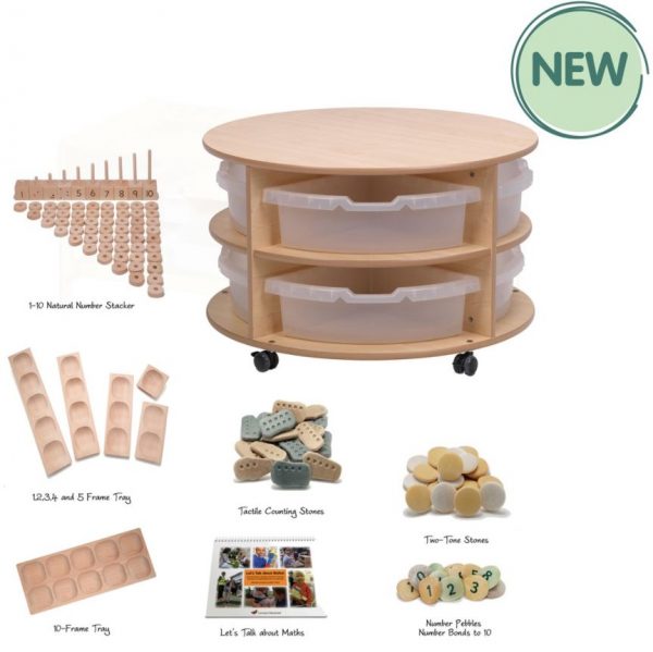 Double Tier Mobile Circular Storage Unit plus Clear Tubs and PT1032 Indoor Maths Kit