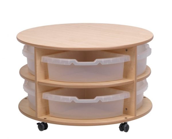 wooden double tier circular storage unit on castors with clear tubs