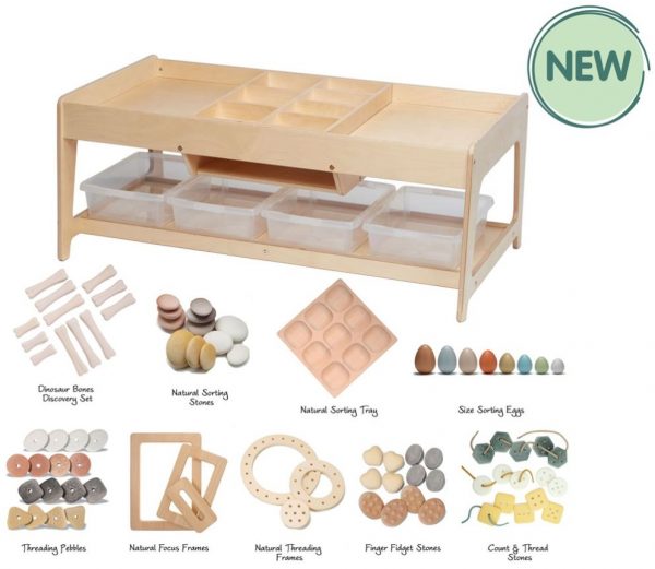 Investigative Play Table and 4 Clear Tubs plus PT1033 Loose Parts Kit