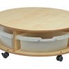wooden single tier circular storage unit on castors with clear boxes
