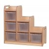 wooden stepped storage with clear plastic boxes