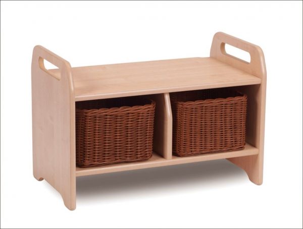 wooden storage bench with baskets