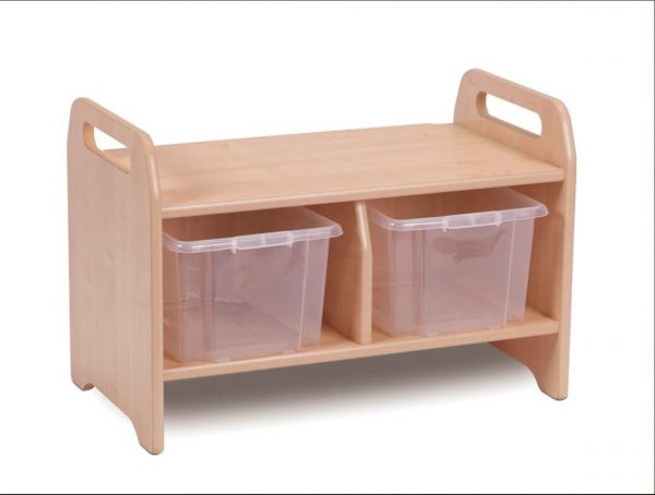 wooden storage bench with clear plastic boxes